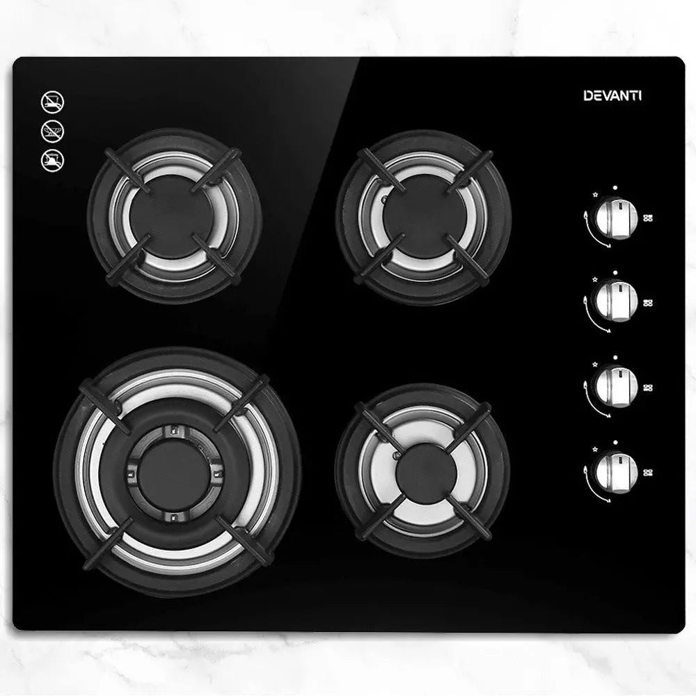 Devanti Gas Cooktop 60cm 4 Burner Glass Cook Top Cooker Stove Hob NG LPG Black Deals499