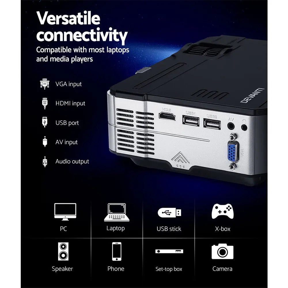 Devanti Mini Video Projector Portable HD 1080P 1200 Lumens Home Theater USB VGA Deals499