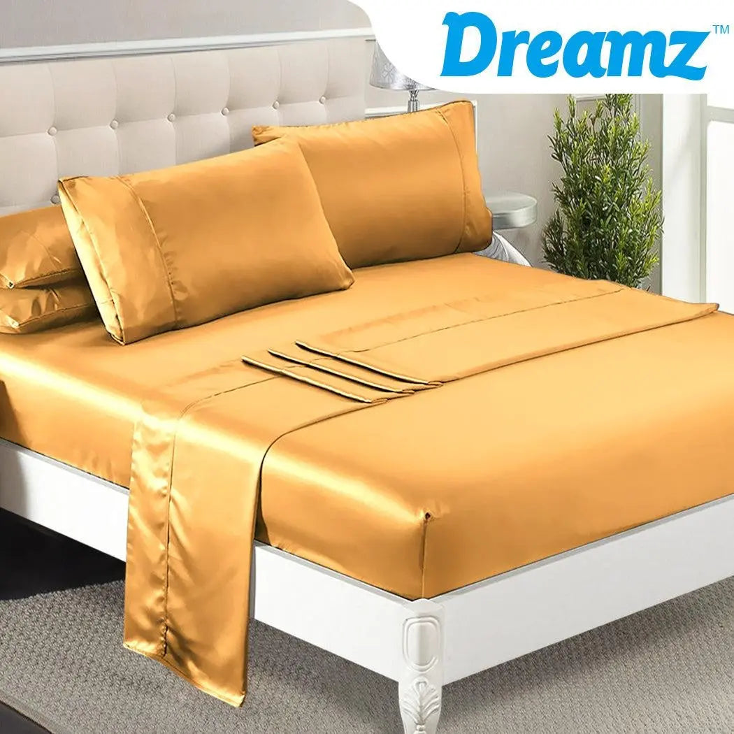 DreamZ Ultra Soft Silky Satin Bed Sheet Set in Queen Size in Gold Colour Deals499