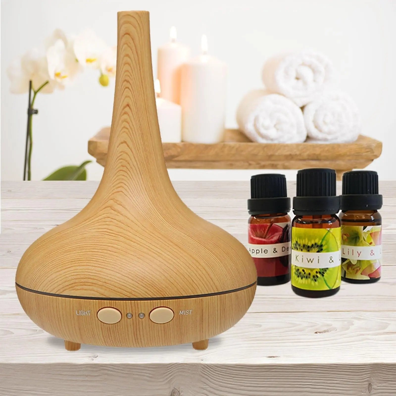 Essential Oil Diffuser Ultrasonic Humidifier Aromatherapy LED Light 200ML 3 Oils 15 x 15 x 20cm Light Wood Grain Deals499
