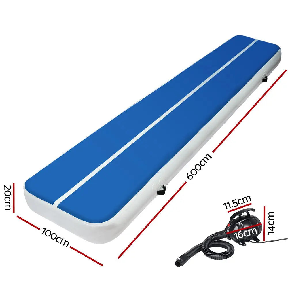 Everfit 6X1M Inflatable Air Track Mat 20CM Thick with Pump Tumbling Gymnastics Blue Deals499