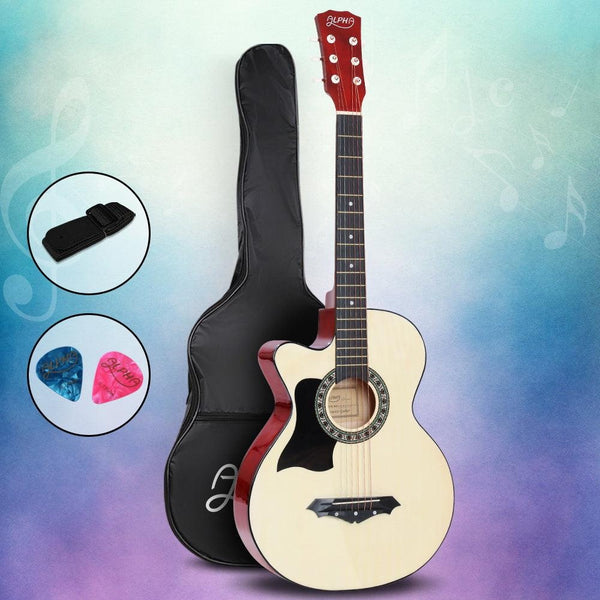 ALPHA 38 Inch Wooden Acoustic Guitar Left handed - Natural Wood Deals499