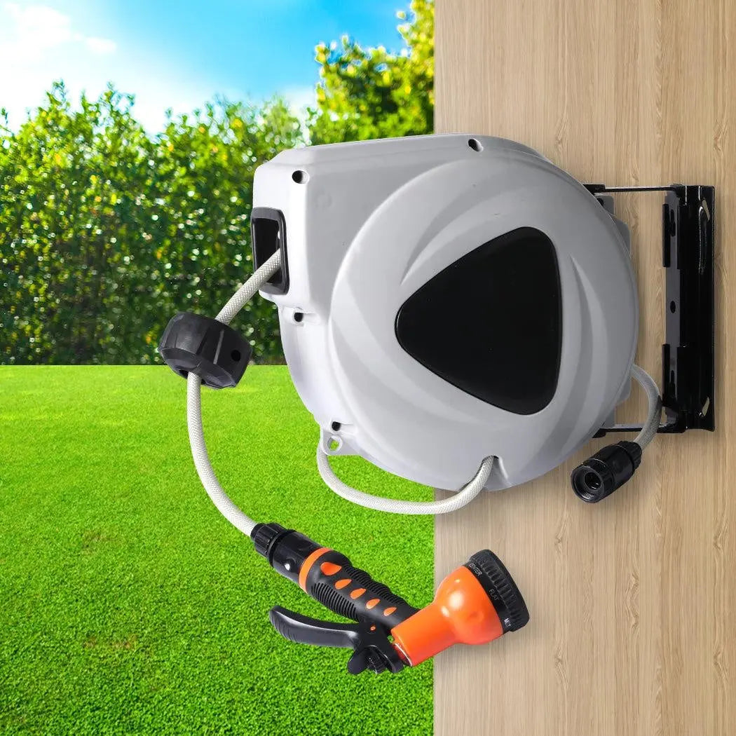 Garden Hose Reel Retractable Spray Gun Nozzle Water Wall Bracket Auto Rewind 10M Deals499