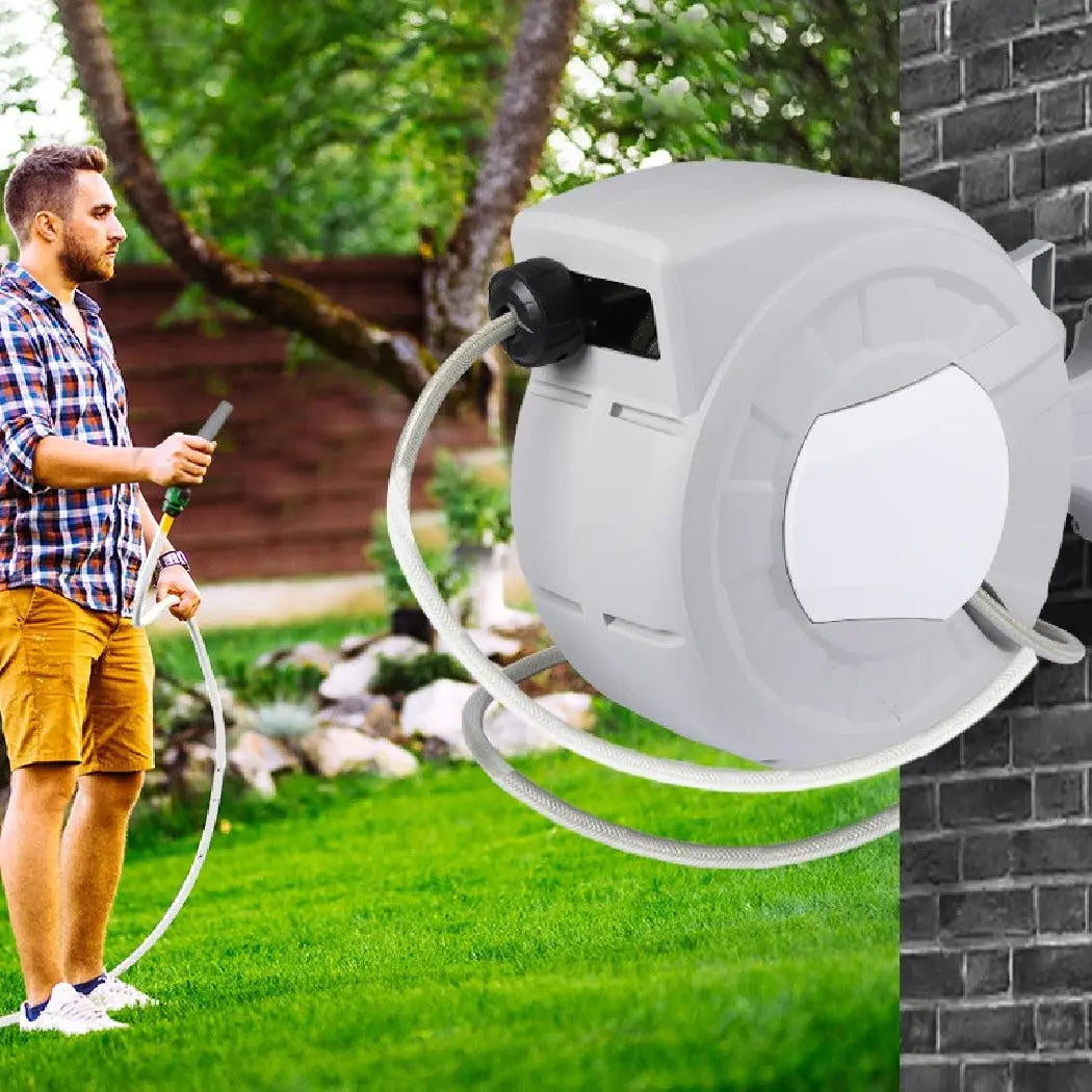 Garden Hose Reel Retractable Spray Gun Nozzle Water Wall Bracket Auto Rewind 20M Deals499
