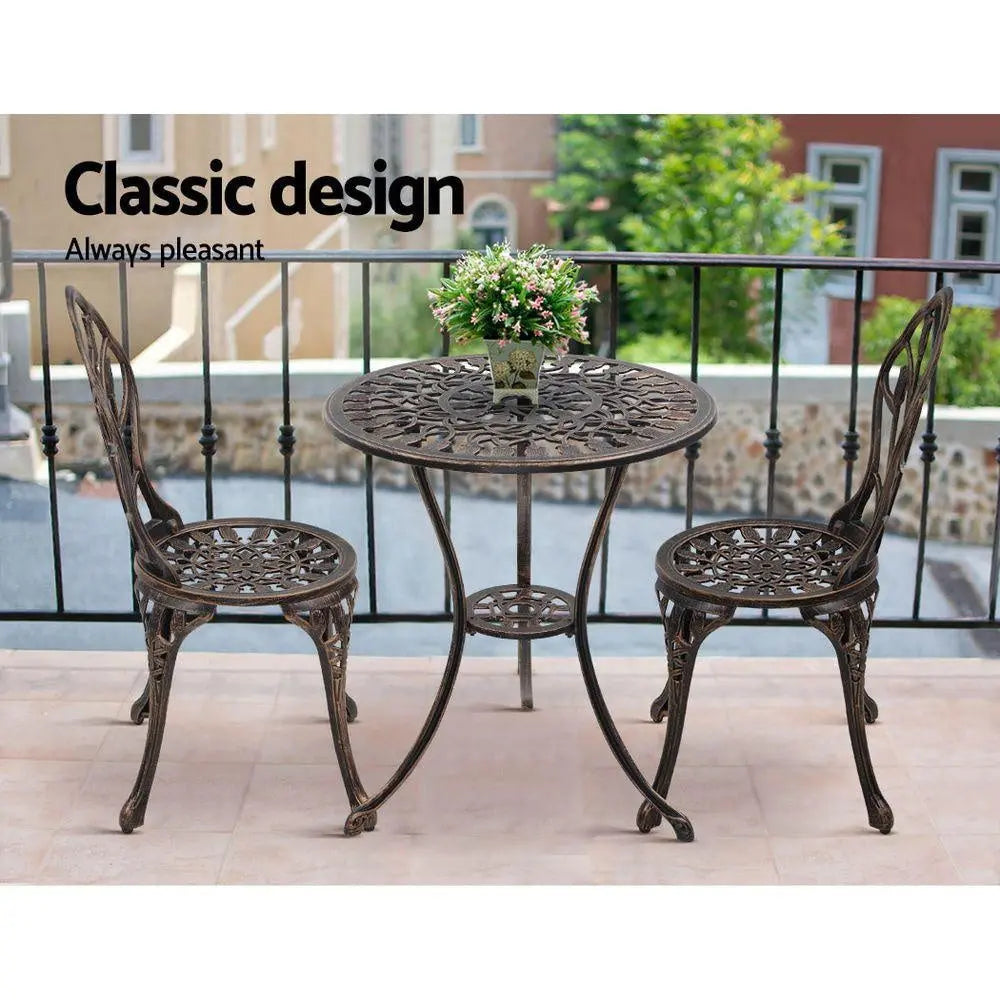 Gardeon 3PC Outdoor Setting Cast Aluminium Bistro Table Chair Patio Bronze Deals499