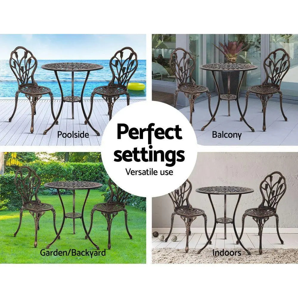 Gardeon 3PC Outdoor Setting Cast Aluminium Bistro Table Chair Patio Bronze Deals499