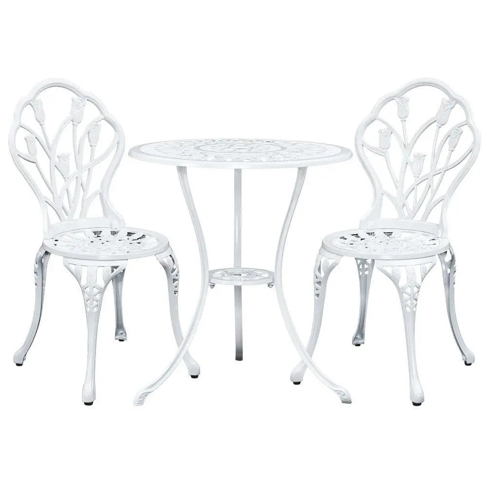 Gardeon 3PC Outdoor Setting Cast Aluminium Bistro Table Chair Patio White Deals499