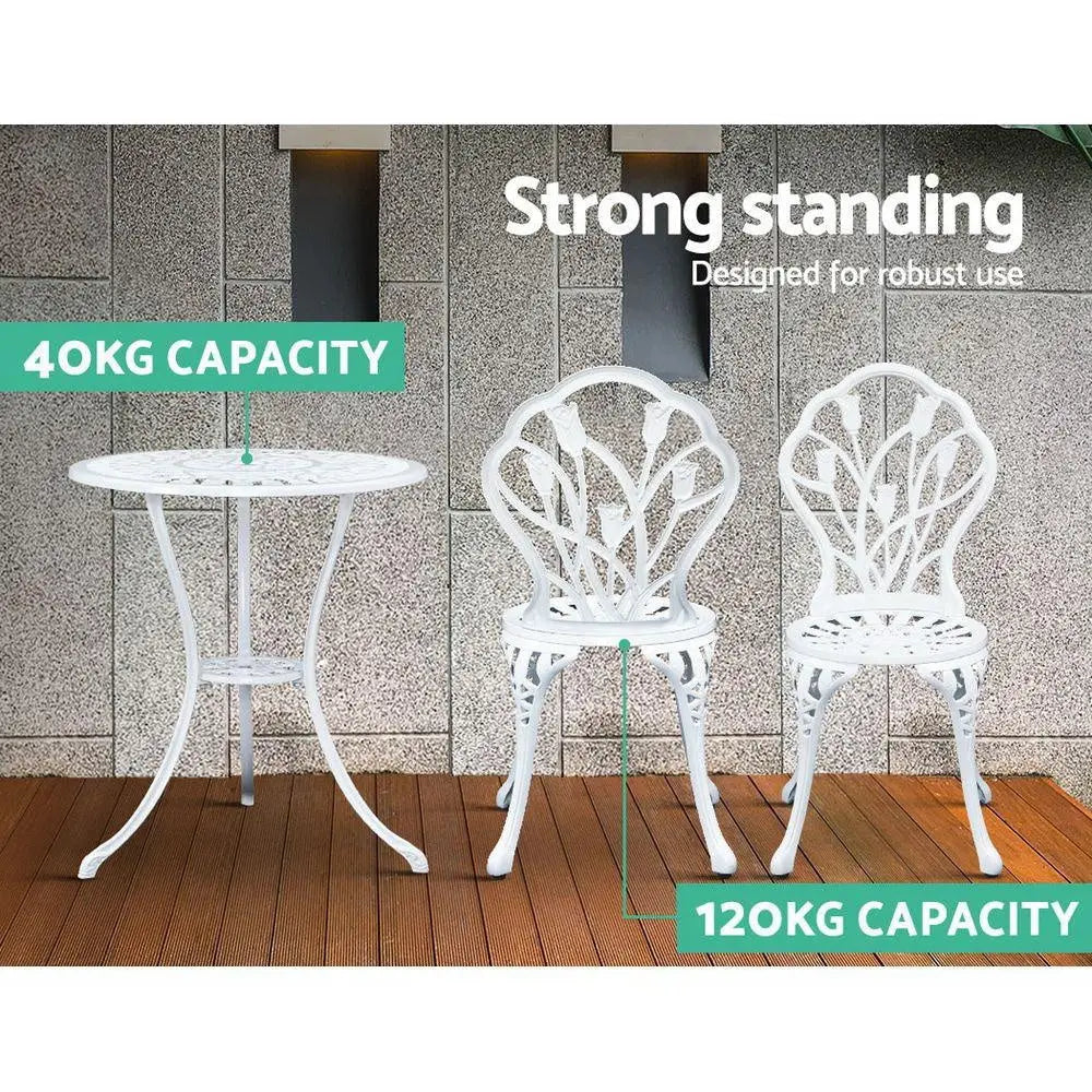 Gardeon 3PC Outdoor Setting Cast Aluminium Bistro Table Chair Patio White Deals499