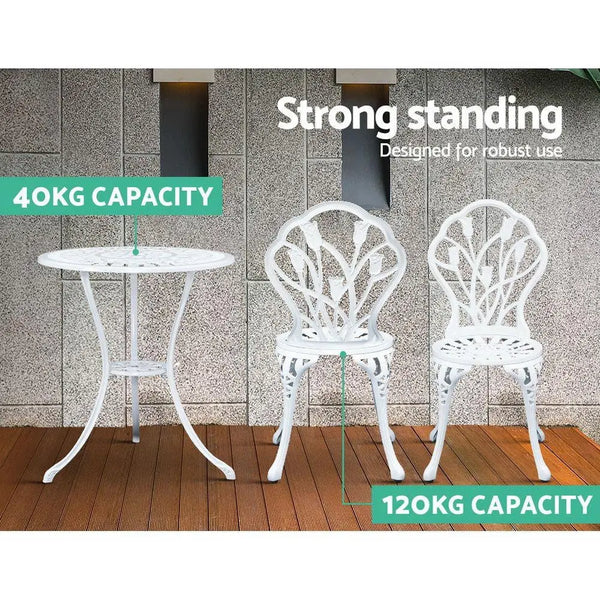 Gardeon 3PC Outdoor Setting Cast Aluminium Bistro Table Chair Patio White Deals499