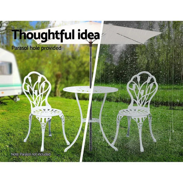 Gardeon 3PC Outdoor Setting Cast Aluminium Bistro Table Chair Patio White Deals499