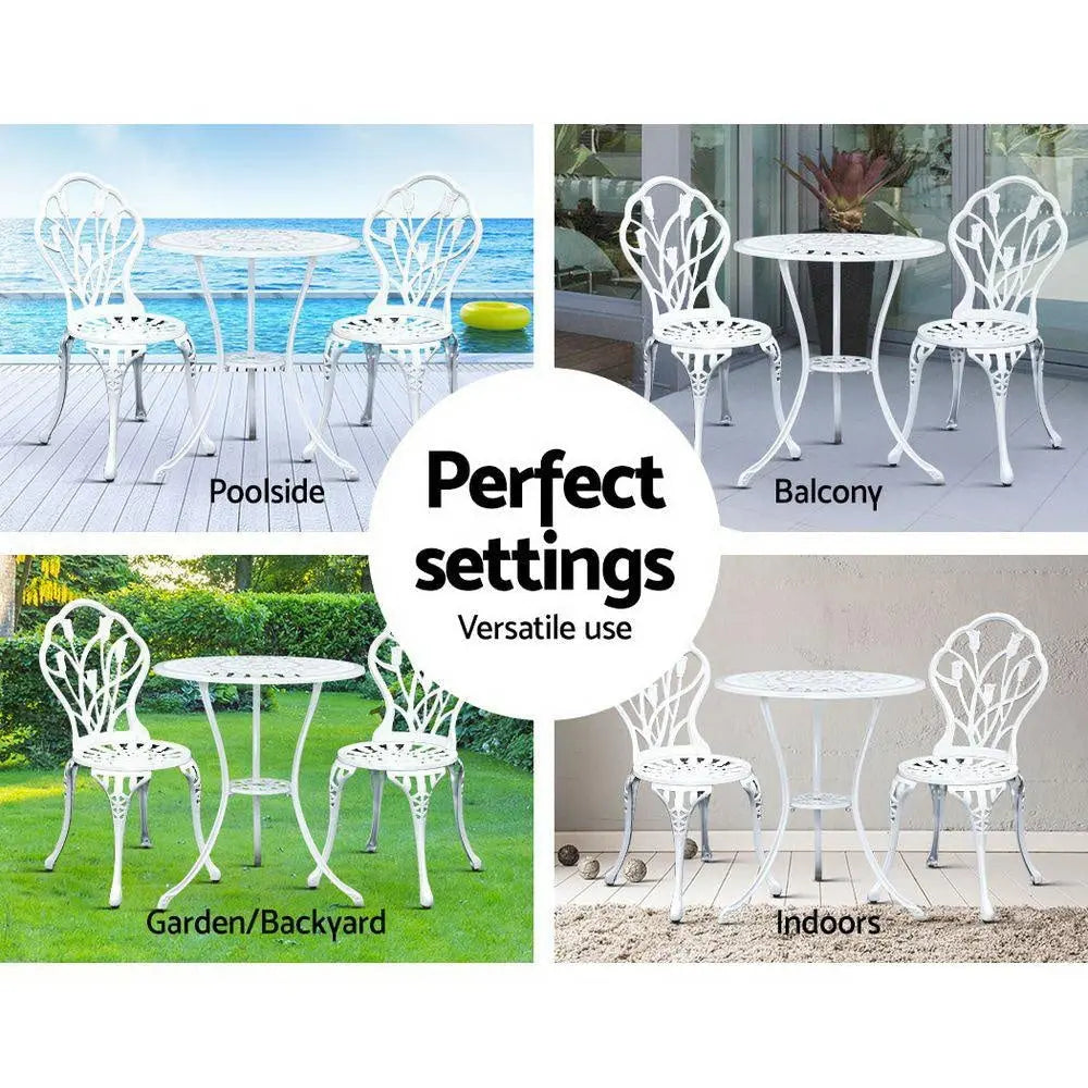Gardeon 3PC Outdoor Setting Cast Aluminium Bistro Table Chair Patio White Deals499