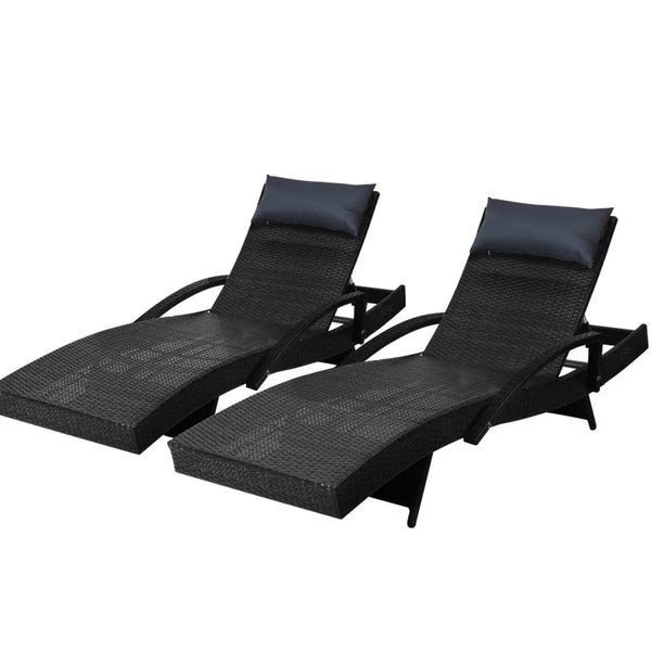 Gardeon Set of 2 Sun Lounge Outdoor Furniture Wicker Lounger Rattan Day Bed Garden Patio Black Deals499