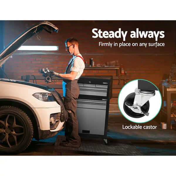 Giantz 7 Drawer Tool Box Cabinet Chest Storage Garage Toolbox Organiser Set Black and Grey Deals499