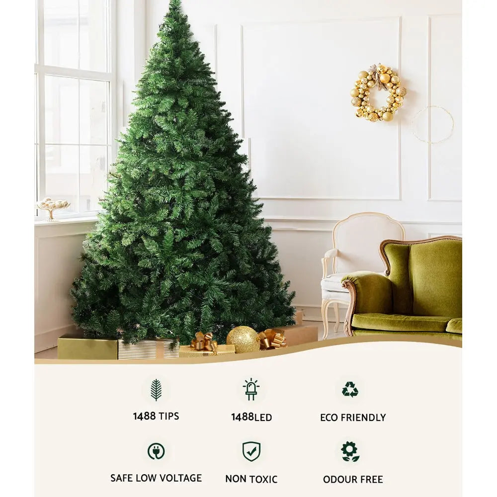 Jingle Jollys Christmas Tree 2.4M With 1488 LED Lights Warm White Green Deals499