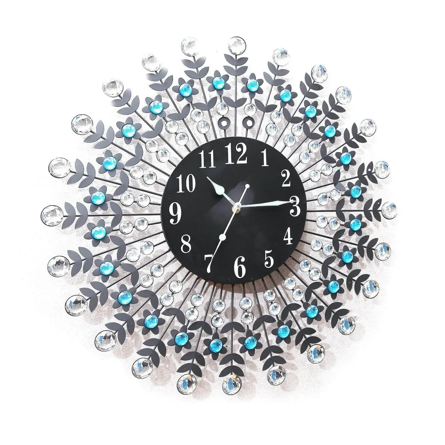 Large Modern 3D Crystal Wall Clock Luxury Black Glass Round Dial Home Office Deals499