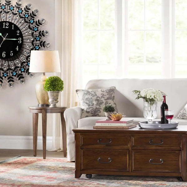Large Modern 3D Crystal Wall Clock Luxury Black Glass Round Dial Home Office Deals499