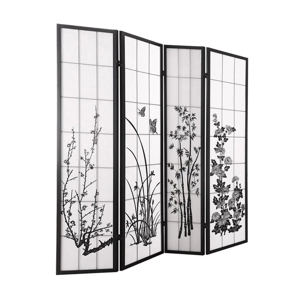 Levede 4 Panel Room Divider Screen Door Stand Privacy Fringe Wood Fold Blossom Deals499