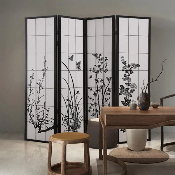 Levede 4 Panel Room Divider Screen Door Stand Privacy Fringe Wood Fold Blossom Deals499