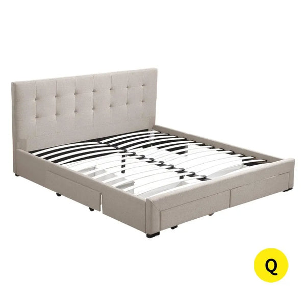 Levede Bed Frame Queen Fabric With Drawers Storage Wooden Mattress Beige Deals499