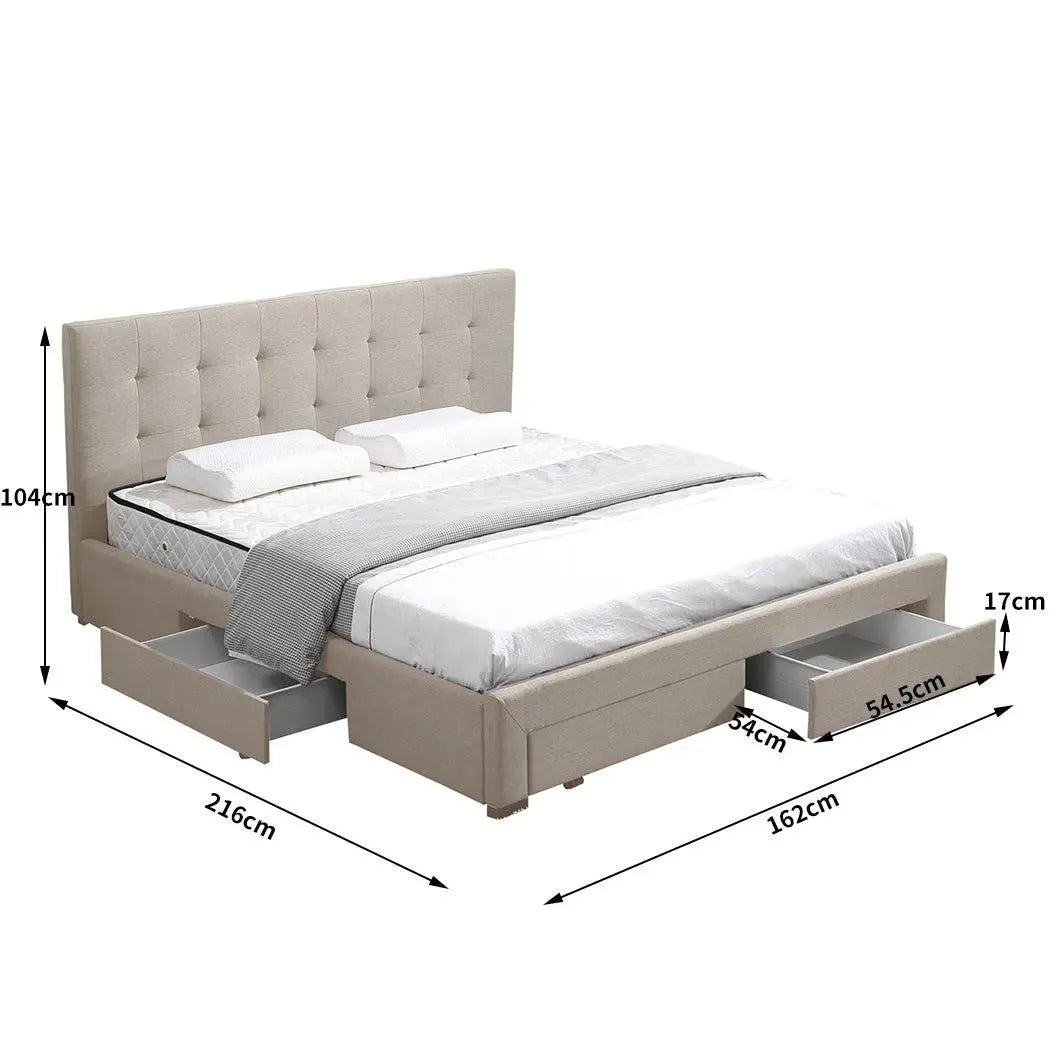 Levede Bed Frame Queen Fabric With Drawers Storage Wooden Mattress Beige Deals499