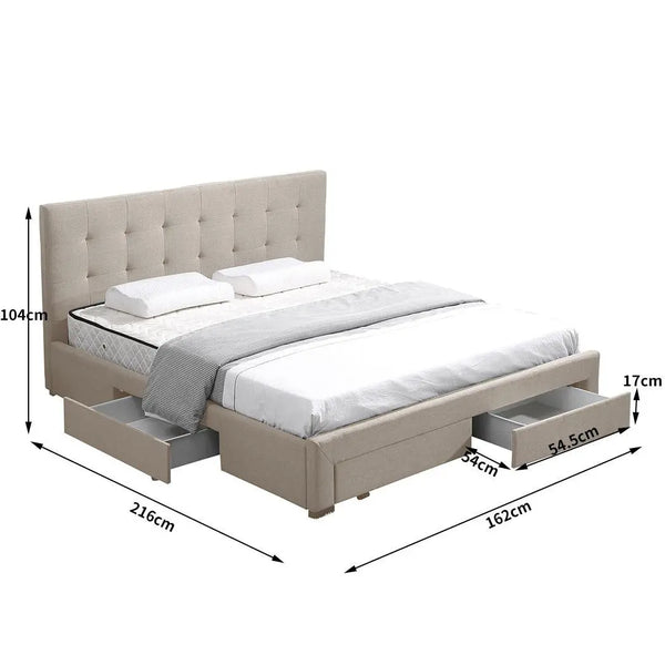 Levede Bed Frame Queen Fabric With Drawers Storage Wooden Mattress Beige Deals499