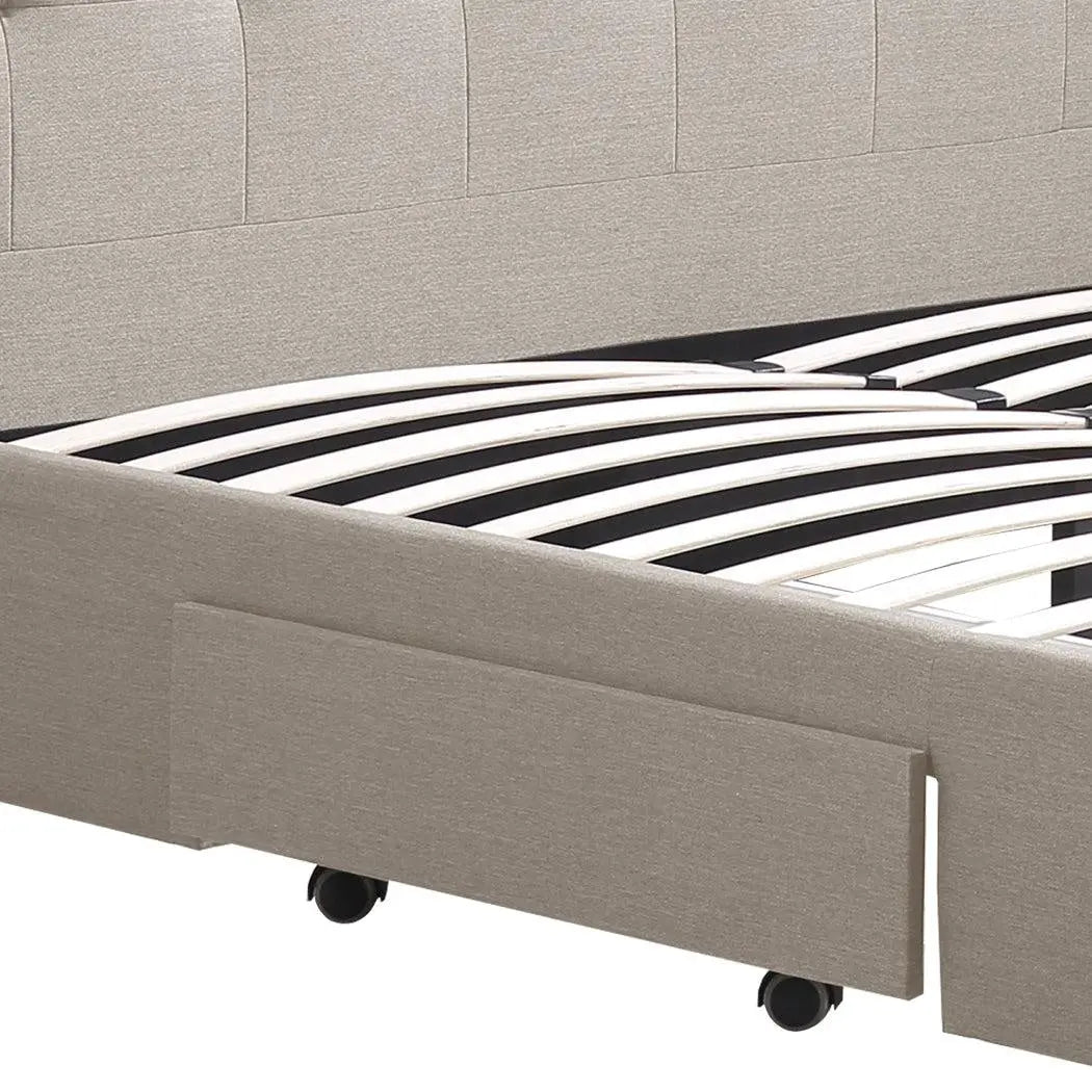 Levede Bed Frame Queen Fabric With Drawers Storage Wooden Mattress Beige Deals499