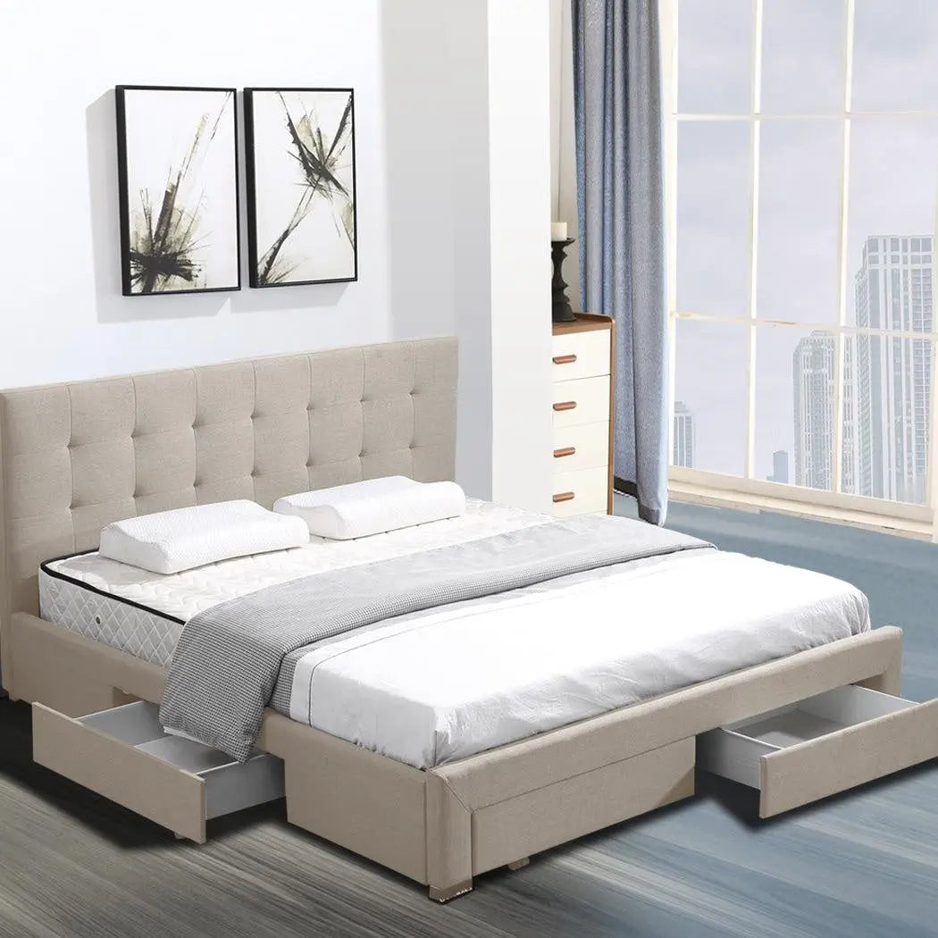 Levede Bed Frame Queen Fabric With Drawers Storage Wooden Mattress Beige Deals499