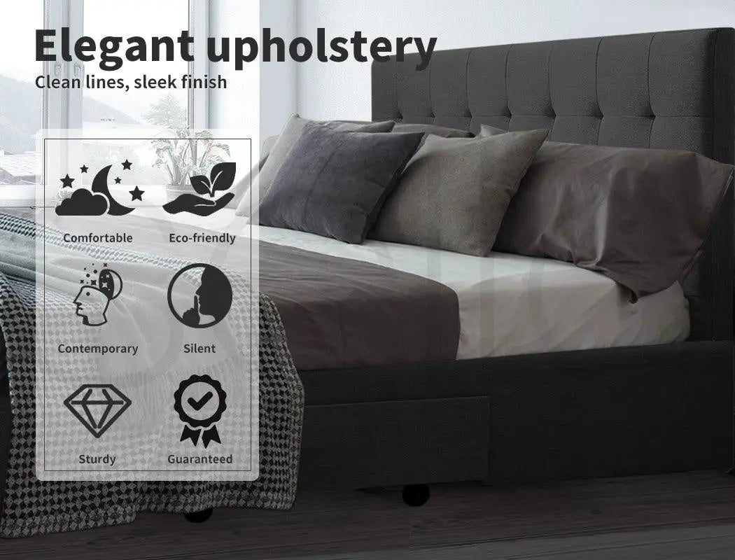 Levede Bed Frame Base With Storage Drawer Mattress Wooden Fabric Double Dark Grey Deals499