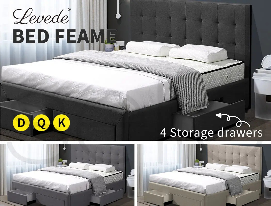 Levede Bed Frame Base With Storage Drawer Mattress Wooden Fabric Double Dark Grey Deals499