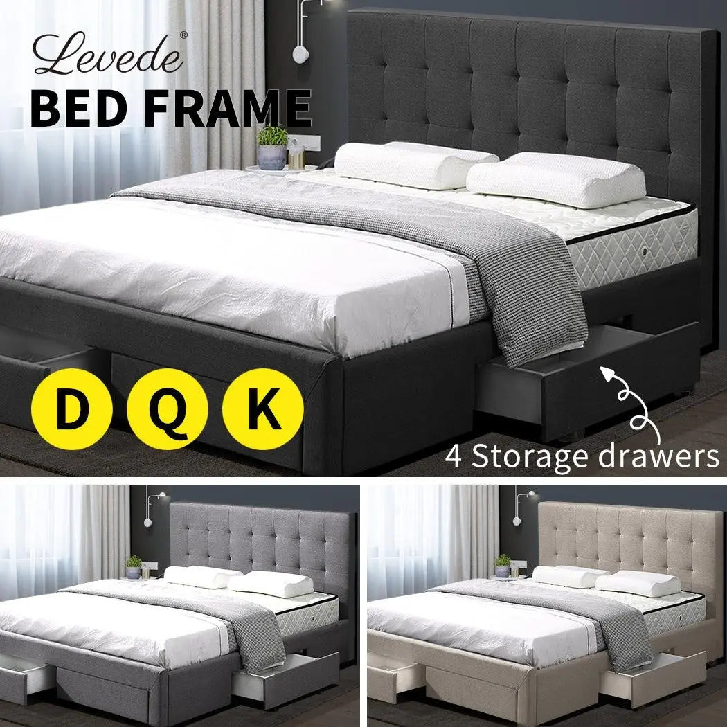 Levede Bed Frame Base With Storage Drawer Mattress Wooden Fabric Double Grey Deals499
