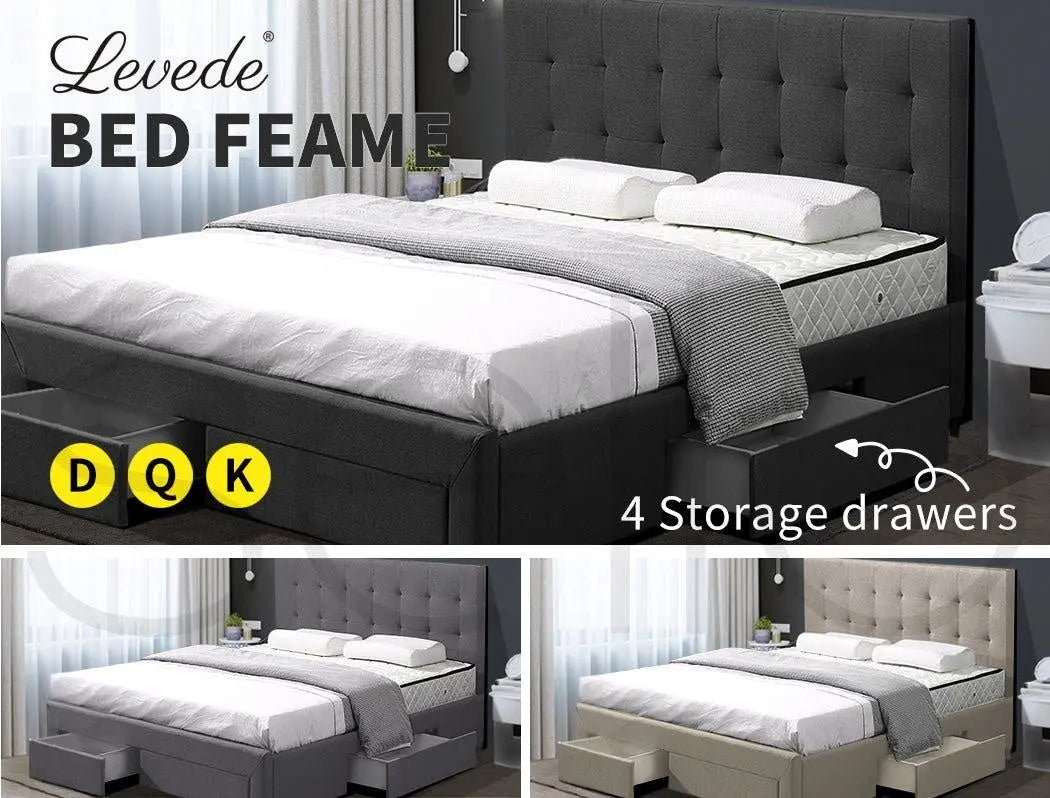 Levede Bed Frame Base With Storage Drawer Mattress Wooden Fabric Double Grey Deals499