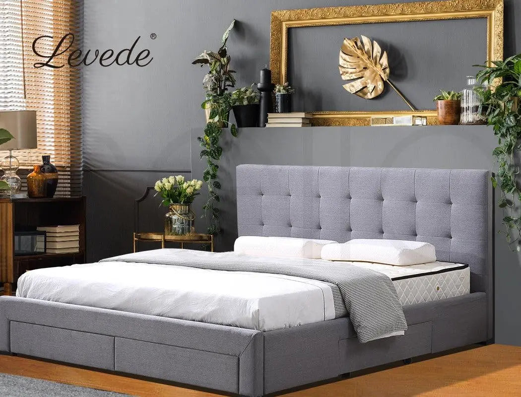 Levede Bed Frame Base With Storage Drawer Mattress Wooden Fabric King Dark Grey Deals499