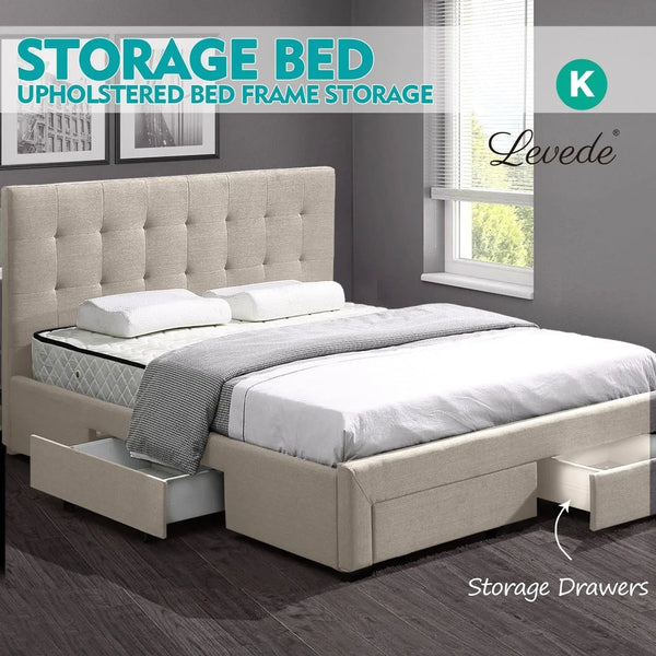 Levede Bed Frame King Fabric With Drawers Storage Beige Deals499