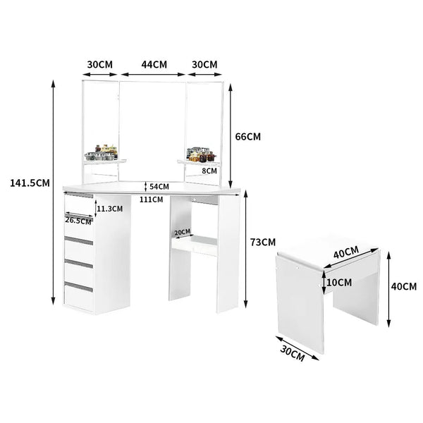 Levede Dressing Table Stool Mirror Jewellery Organiser Makeup Cabinet 5 Drawers White Deals499