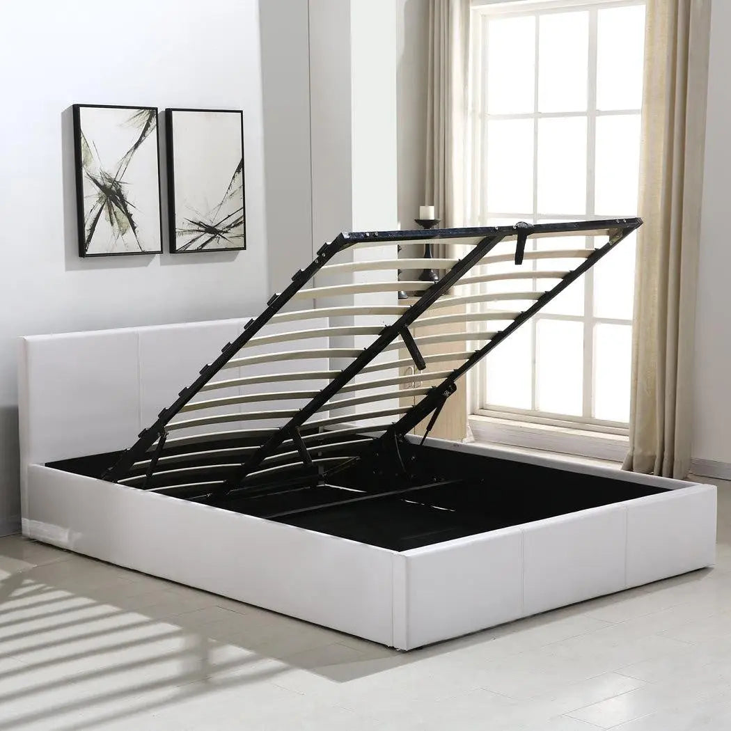 Levede Gas Lift Bed Frame Premium Leather Base Mattress Storage Queen Size White Deals499