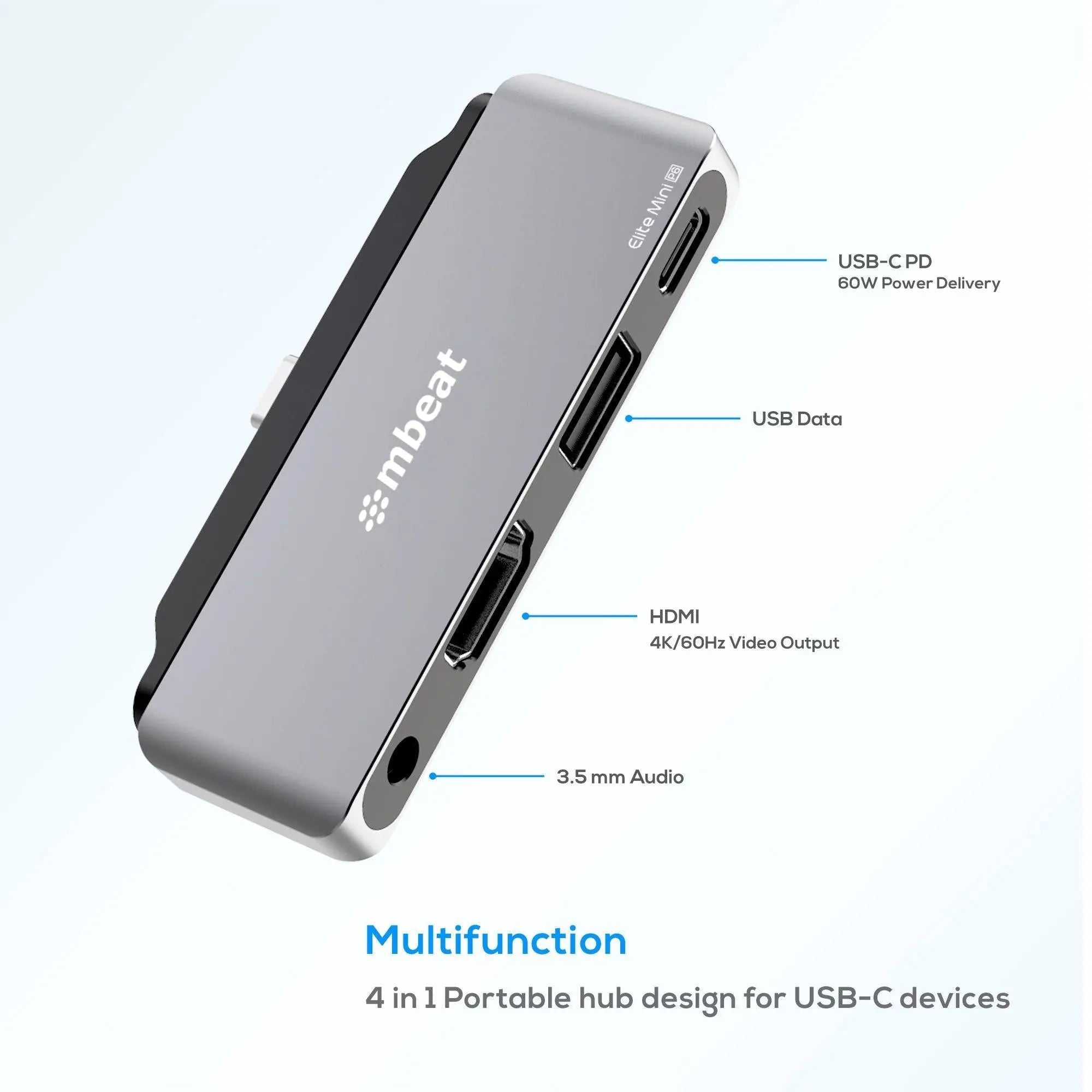 MBEAT Elite Mini 4-In-1 USB-C Mobile Hub for iPad Pro, USB-C Tablet & Laptop/Notebook - Supports up to 60W PD pass-through charging MBEAT