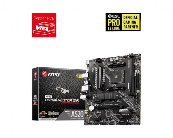 MSI MAG A520M VECTOR WIFI AMD M-ATX Motherboard AM4 2xDDR4 1xPCIEx16 2xPCIE 4xSATAIII 1xM.2 RAID LAN 1xDI 1xHDMI 6xUSB3.2 MSI