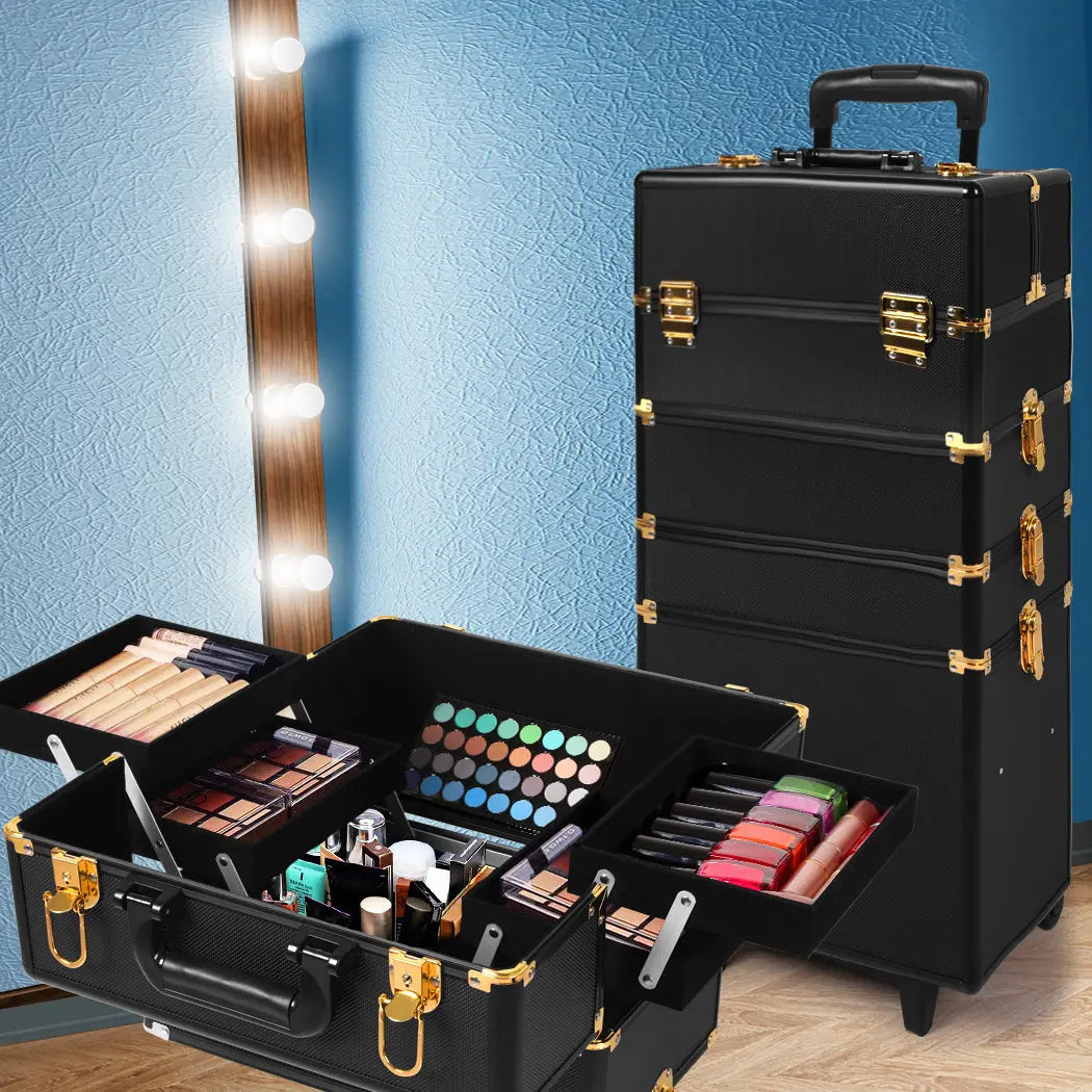 Makeup Case Professional Makeup Organiser 7 in 1 Trolley Black Gold Deals499