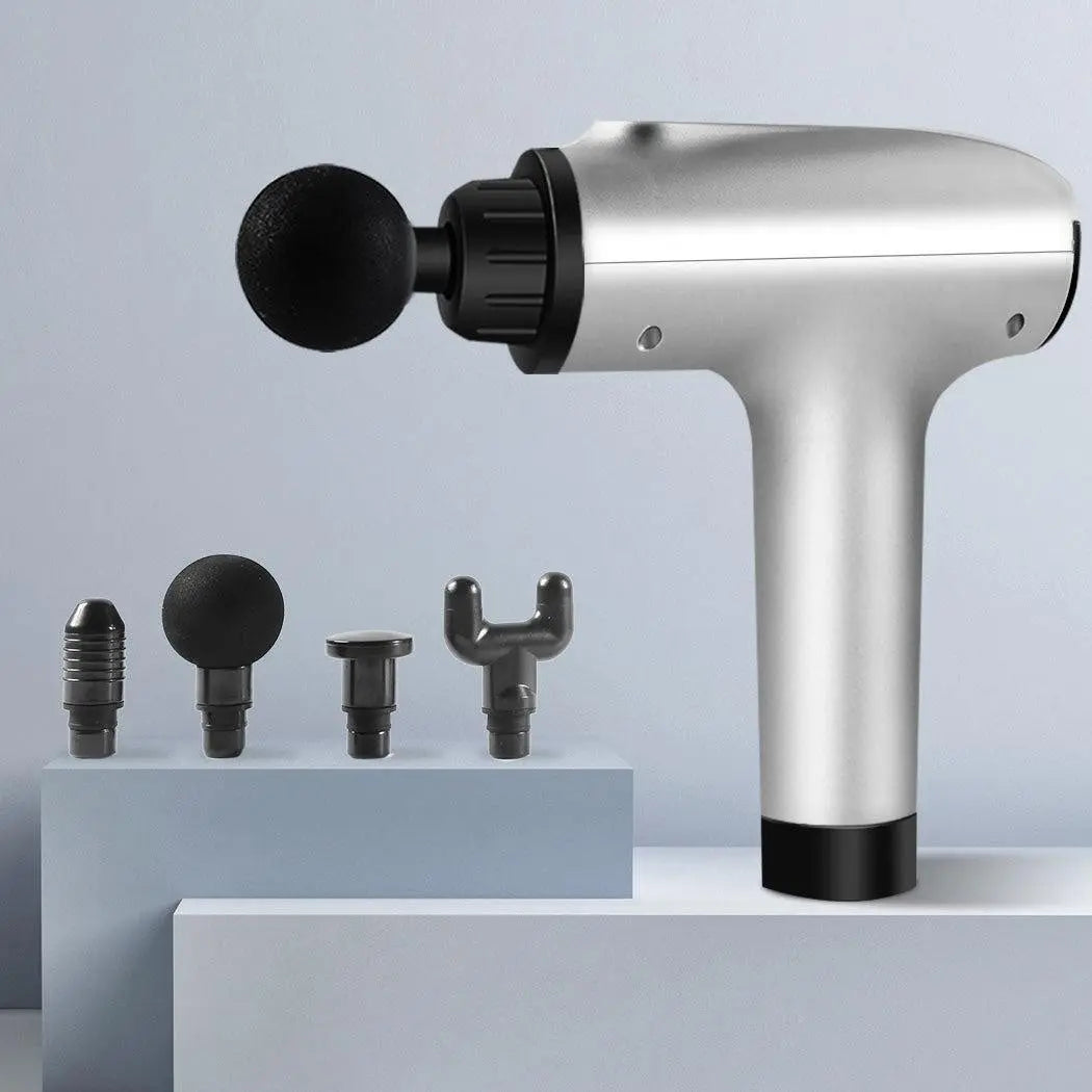 Massage Gun Deep Tissue Percussion Massager Muscle Vibrating Relaxing LCD 4 Head Silver Deals499