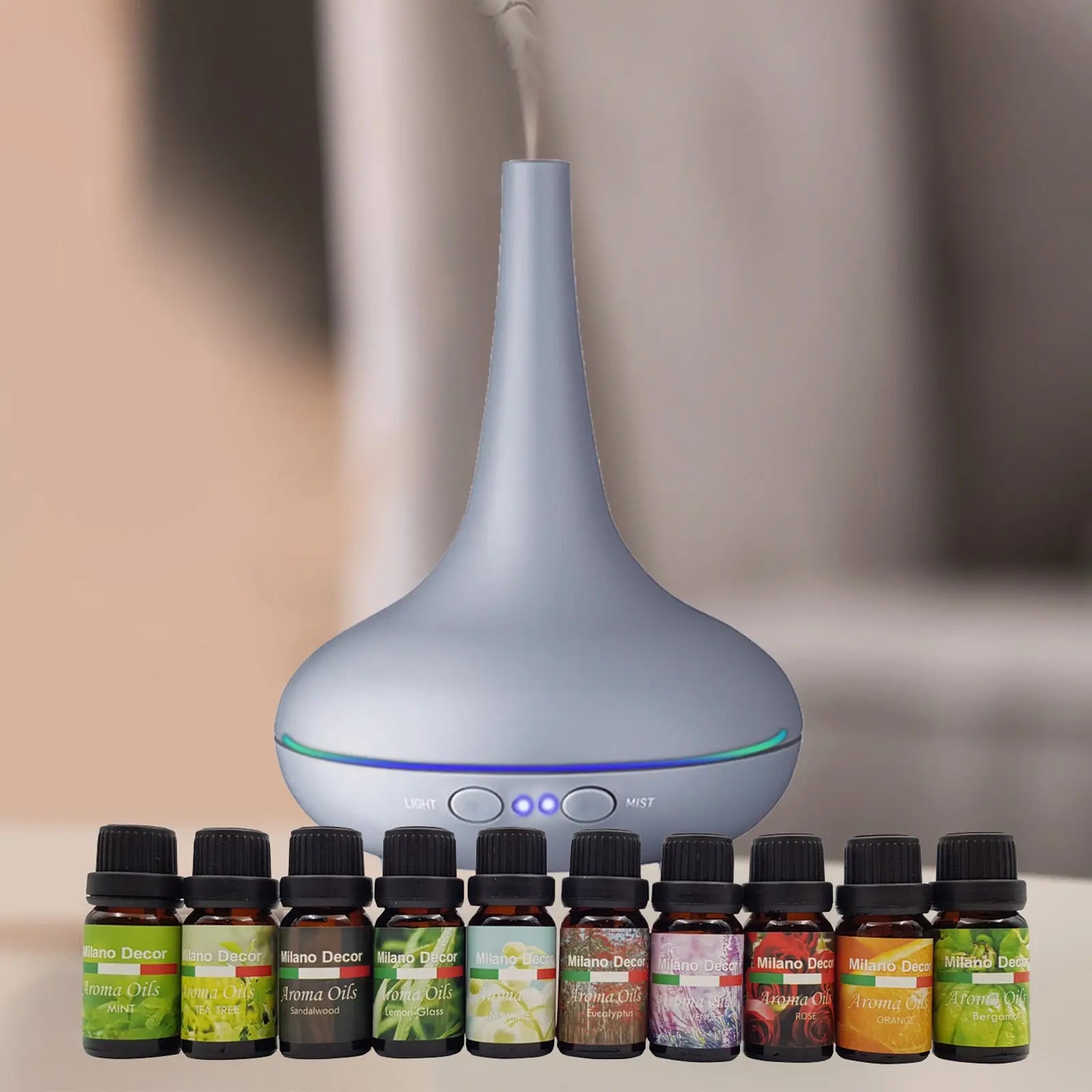 Milano Aroma Diffuser Set With 10 Pack Diffuser Oils Humidifier Aromatherapy - Matt Grey Deals499