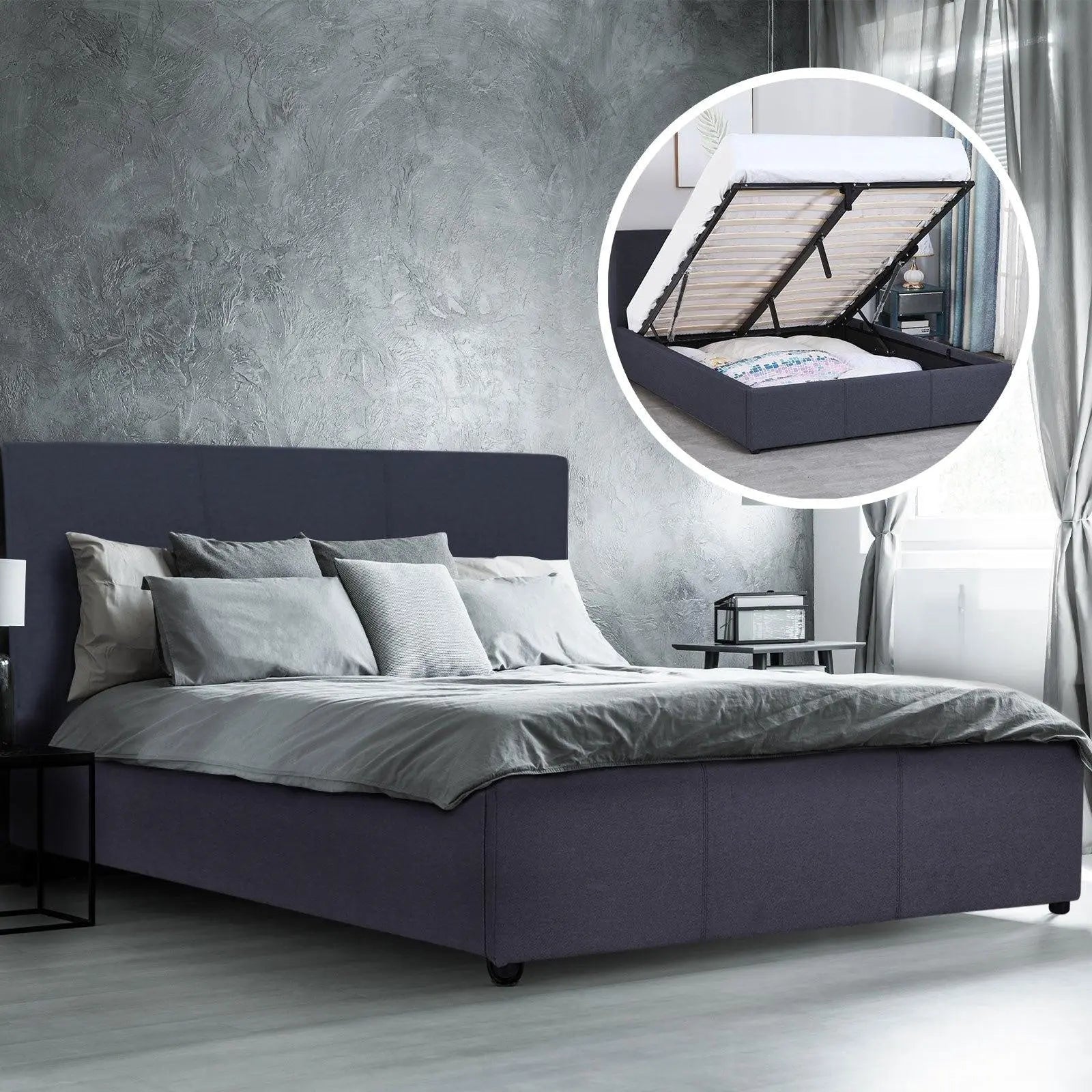 Milano Luxury Gas Lift Bed Frame Base And Headboard With Storage All Sizes Charcoal King Deals499