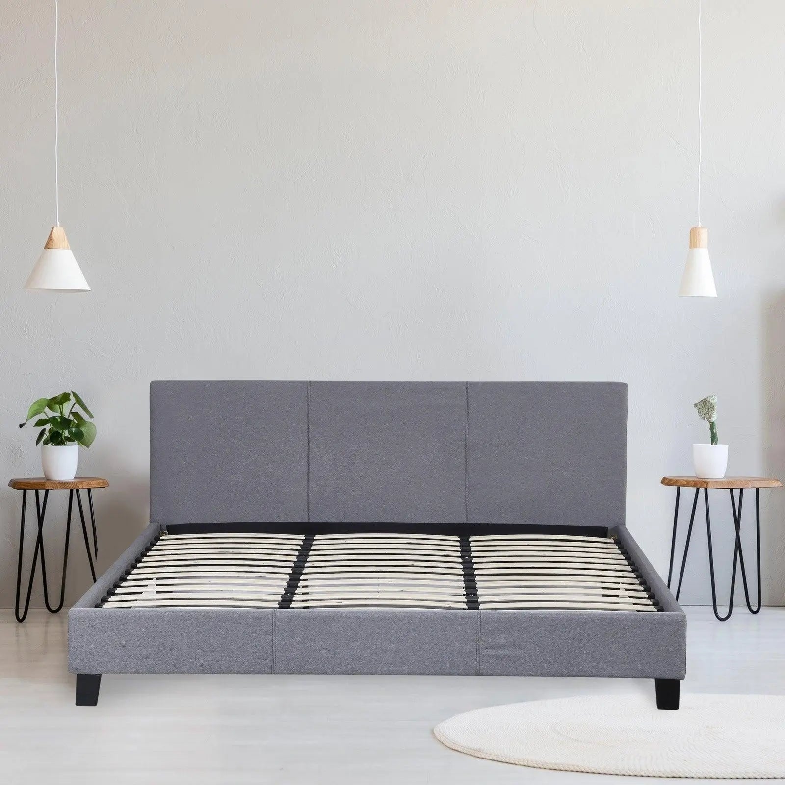 Milano Sienna Luxury Bed Frame Base And Headboard Solid Wood Padded Linen Fabric Grey Queen Deals499