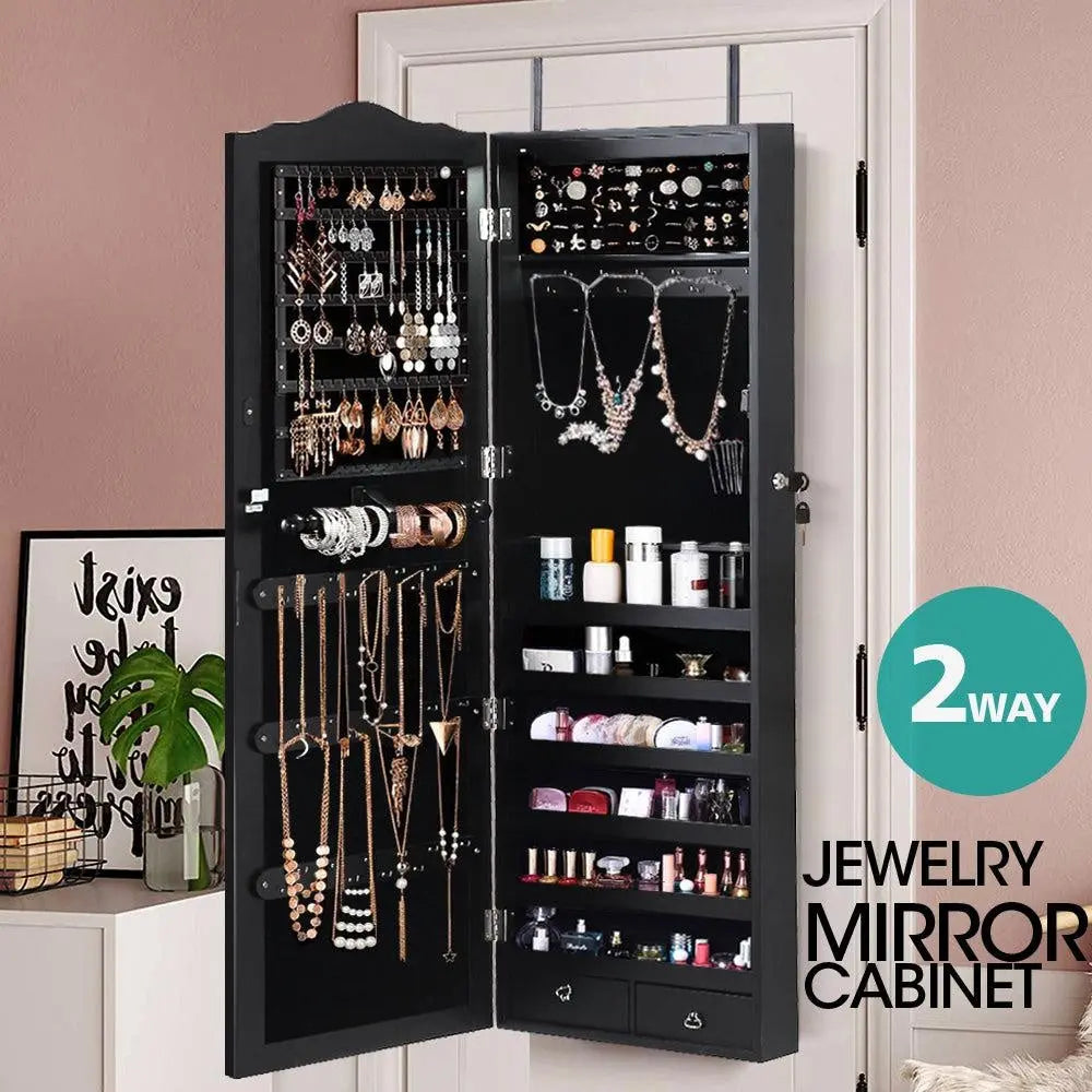 Mirror Jewellery Cabinet Makeup Storage Ear Ring Necklace Box Wall Door Black AU Deals499
