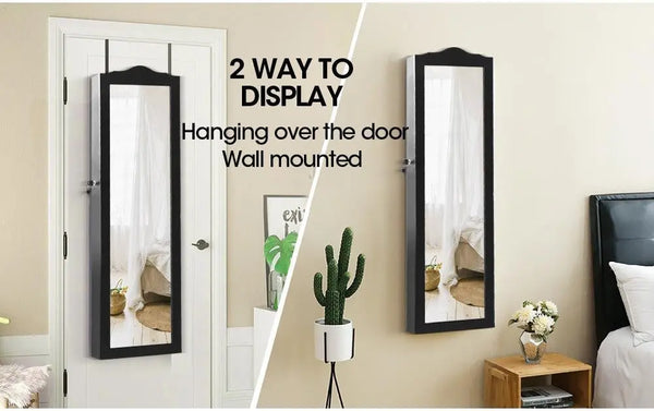 Mirror Jewellery Cabinet Makeup Storage Ear Ring Necklace Box Wall Door Black AU Deals499