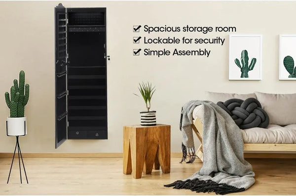 Mirror Jewellery Cabinet Makeup Storage Ear Ring Necklace Box Wall Door Black AU Deals499