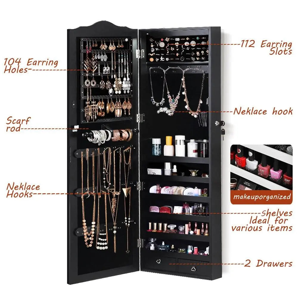 Mirror Jewellery Cabinet Makeup Storage Ear Ring Necklace Box Wall Door Black AU Deals499