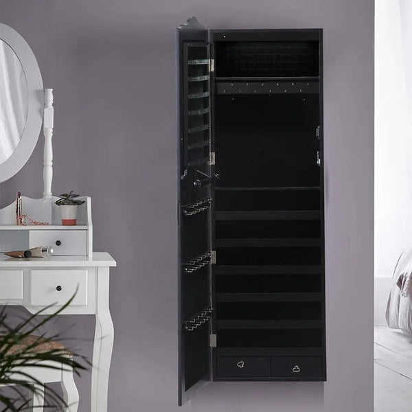 Mirror Jewellery Cabinet Makeup Storage Ear Ring Necklace Box Wall Door Black AU Deals499