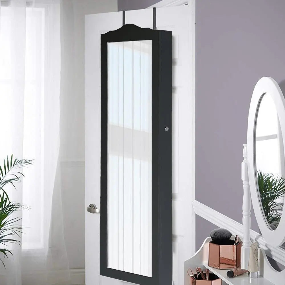 Mirror Jewellery Cabinet Makeup Storage Ear Ring Necklace Box Wall Door Black AU Deals499