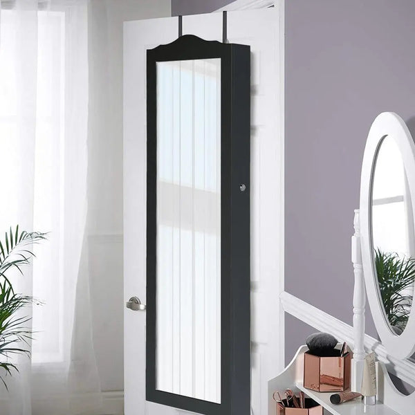 Mirror Jewellery Cabinet Makeup Storage Ear Ring Necklace Box Wall Door Black AU Deals499