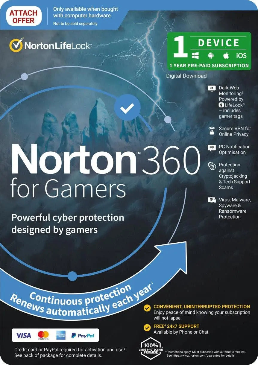 NORTON 360 for Gamer Edition, 1 Device, MAC, IOS, Android, PC, OEM Attach, Subscription Only NORTON